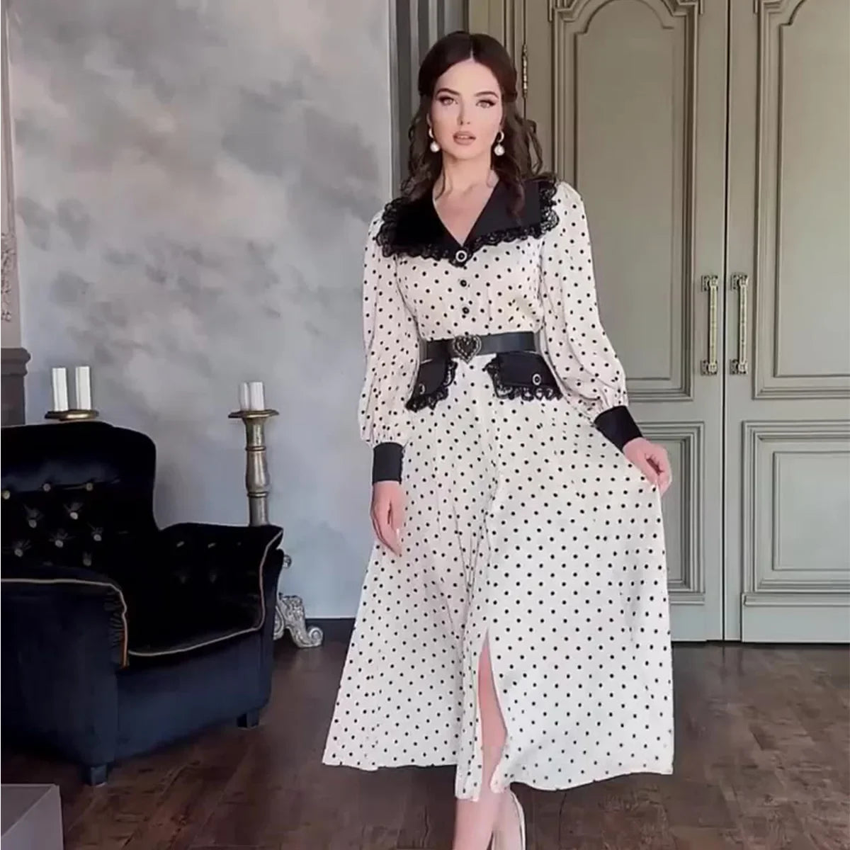 Slim Print Womens Dress With Doll Collar For Office Midi