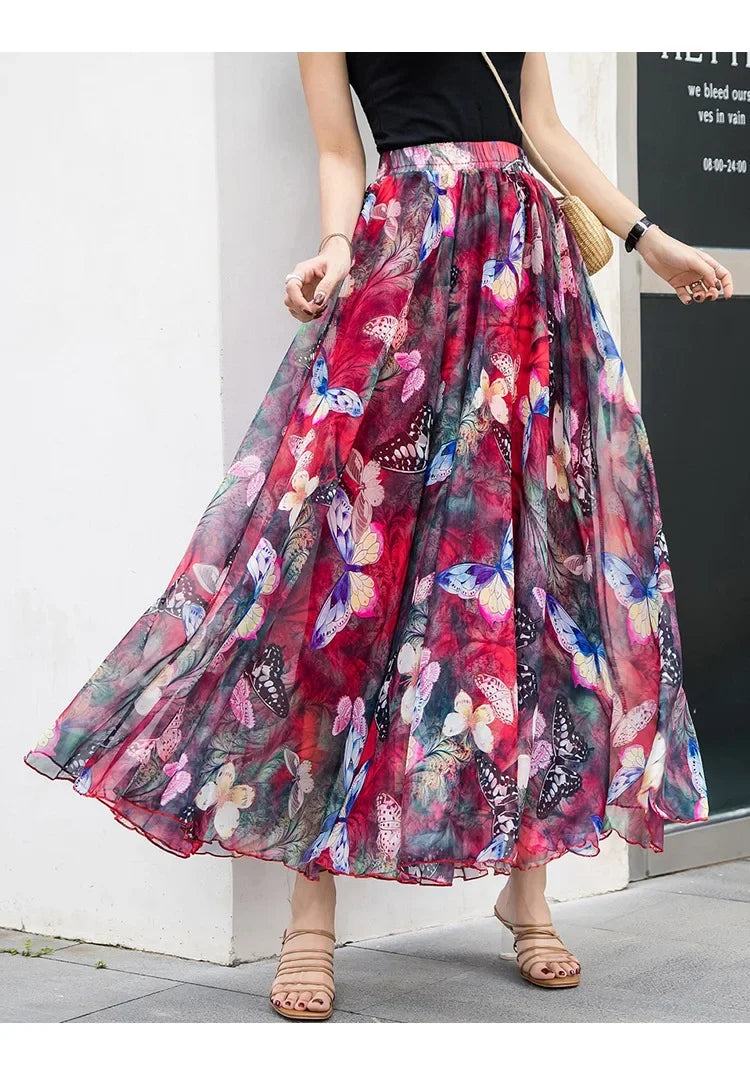 Elegant Pleated Chiffon Floral Beach Skirt for Women