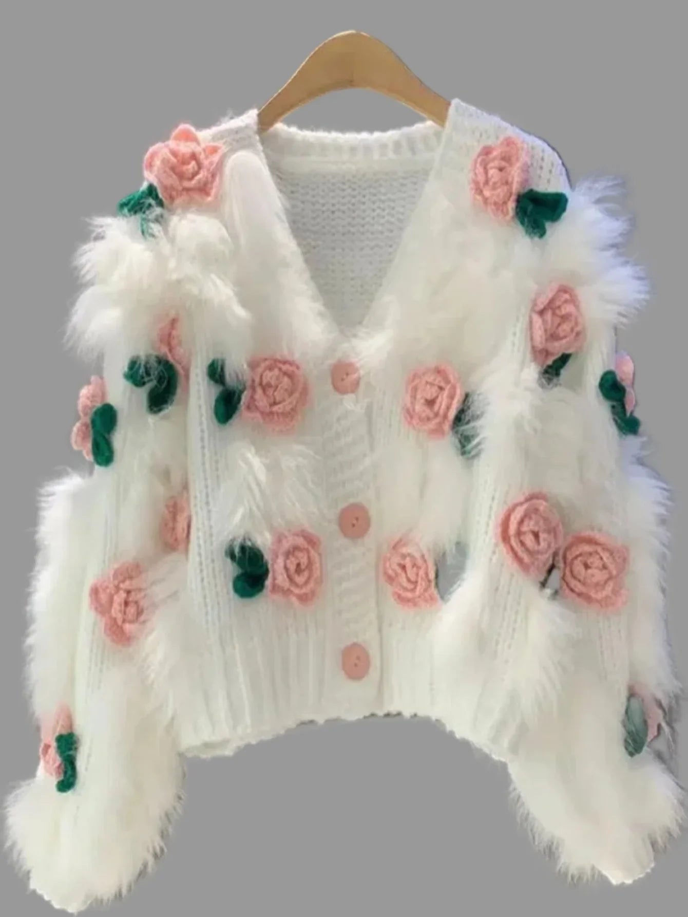 Soft 3D Rose Blossoms Cardigan Sweater