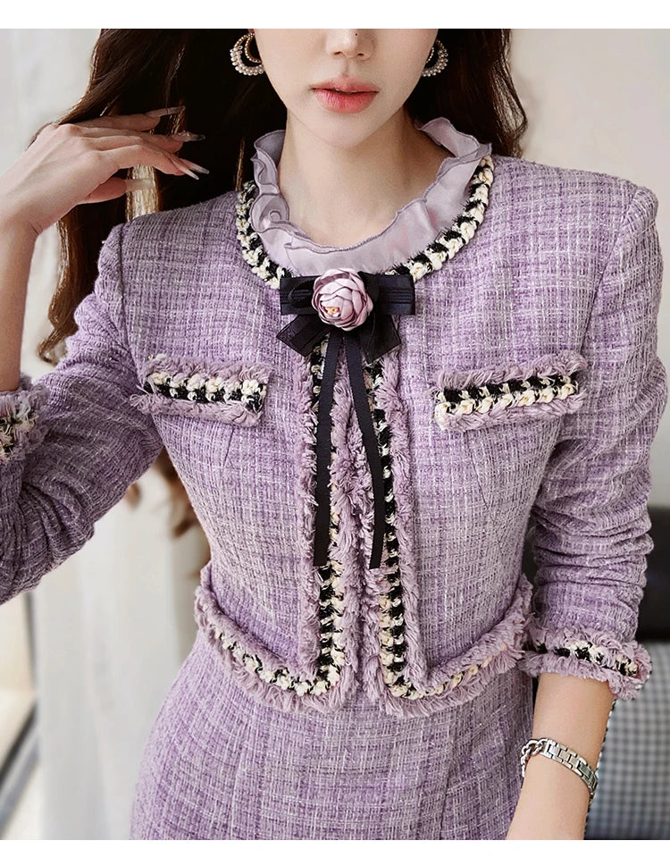 Elegant Purple Fungus Collar Slim Dress With Long Sleeves