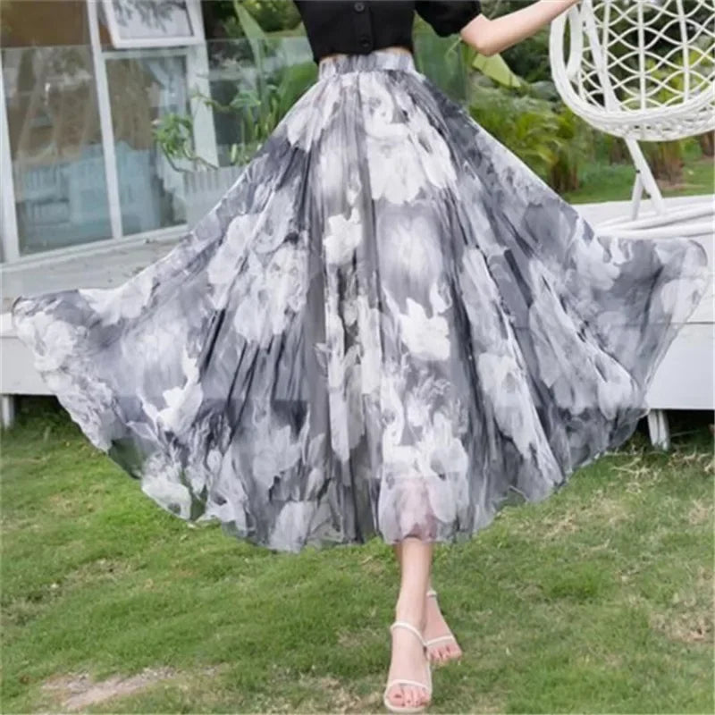 Elegant Pleated Chiffon Floral Beach Skirt for Women