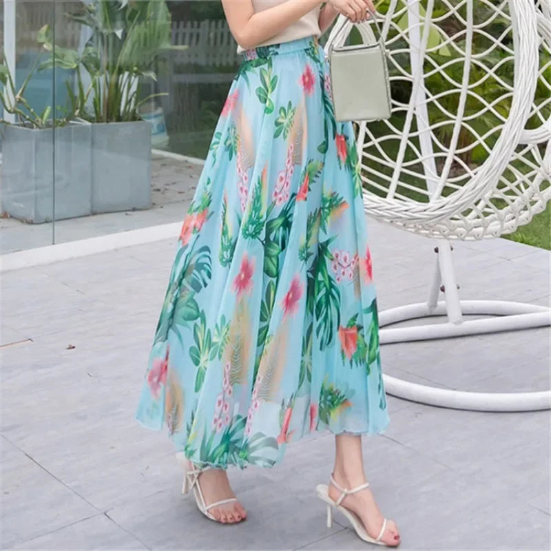 Elegant Pleated Chiffon Floral Beach Skirt for Women
