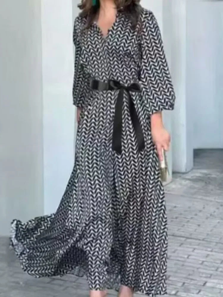 Women's Elegant Black Print Dress - V Neck Sash Style