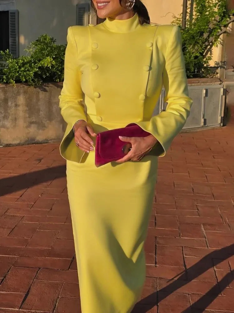 Stand Collar Formal Office Midi Dress With Flared Sleeves