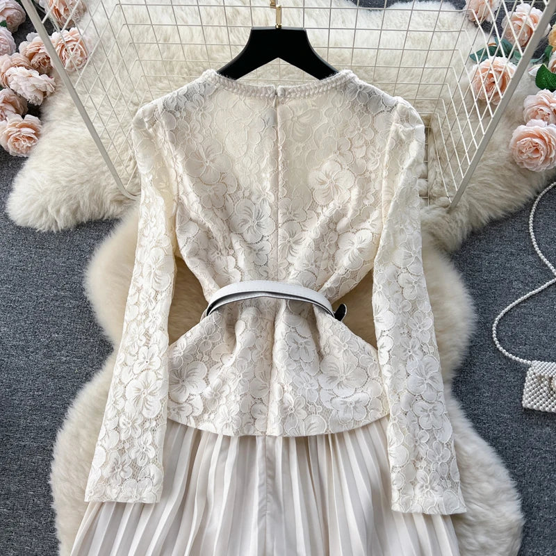 Elegant Lace Patchwork Belted Midi Dress For Party Wear