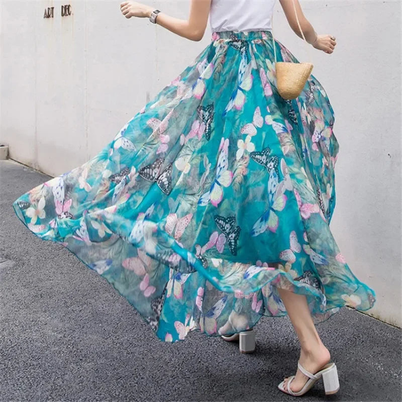 Elegant Pleated Chiffon Floral Beach Skirt for Women