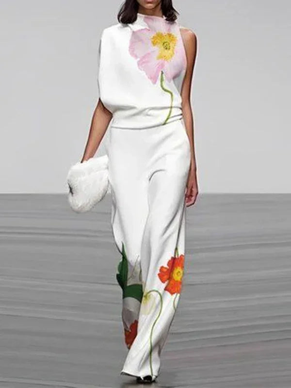 Womens Floral Vintage Print Suit Set Polyester Spandex Loose