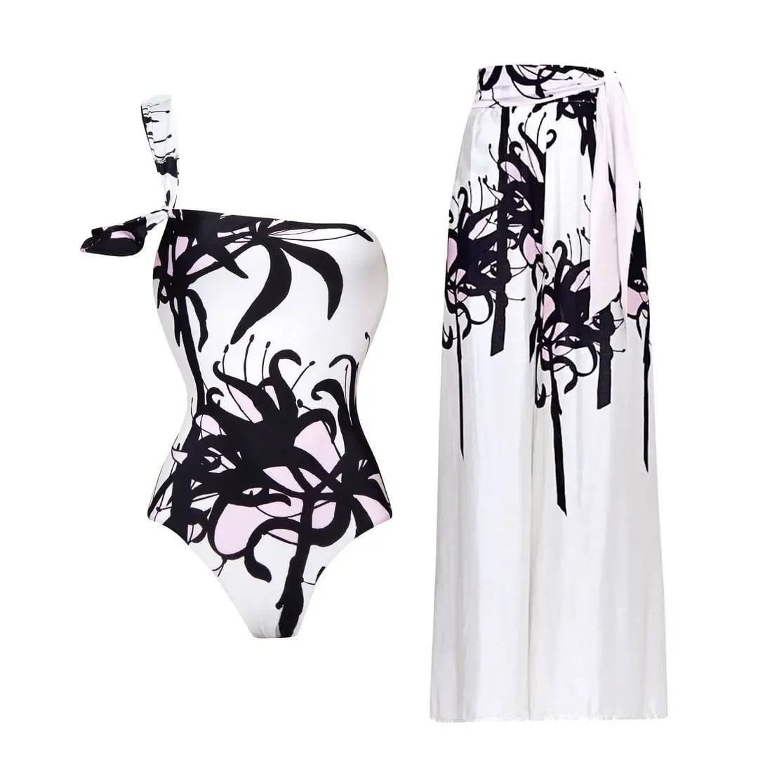 Black & White Vintage Push-Up 2-Piece Swimsuit with Beach Skirt
