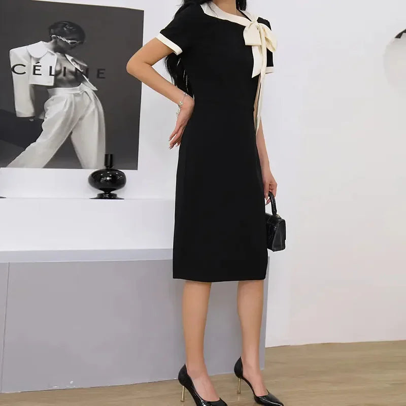 Bowknot Patchwork Short Sleeve Dress For Office And Party