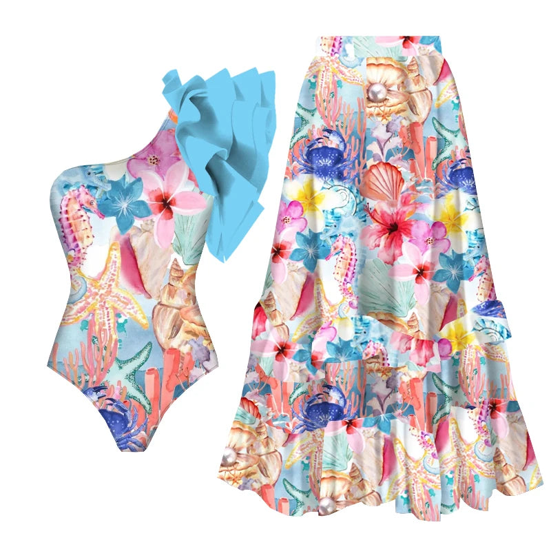 Chic One-Piece Shoulder Swimsuit with Summer Floral Print & Ruffle Trim – Includes Cover-Up
