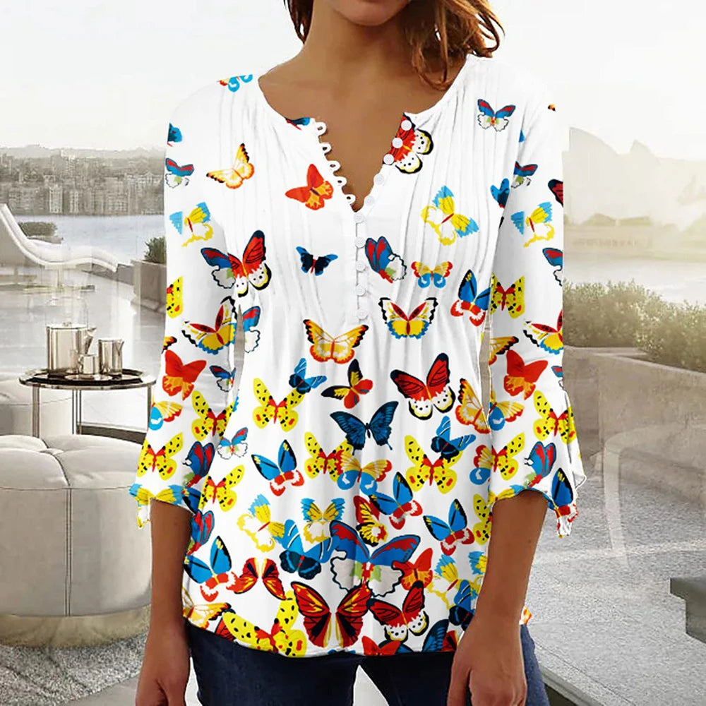 Women’s Casual Butterfly Print Shirt – Short Sleeve Pullover