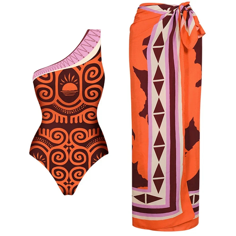 African Print Push-Up 2-Piece Swim Set with Sarong