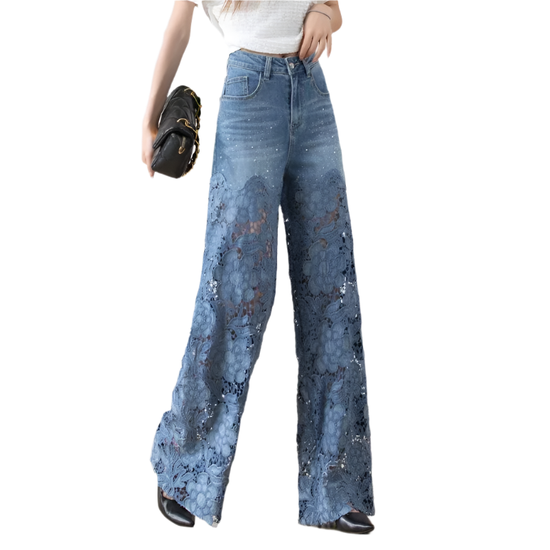 Women High Waist Lace Oversized Spring Jeans