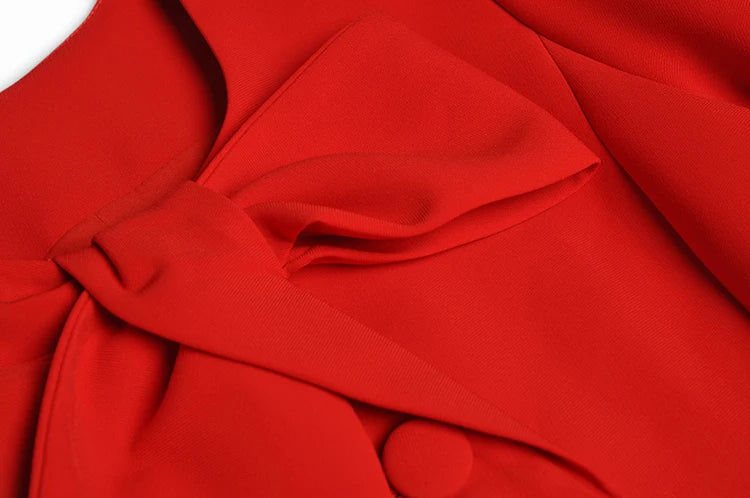 Red Winter Dress With Bow O Neck Long Sleeve Slim Fit