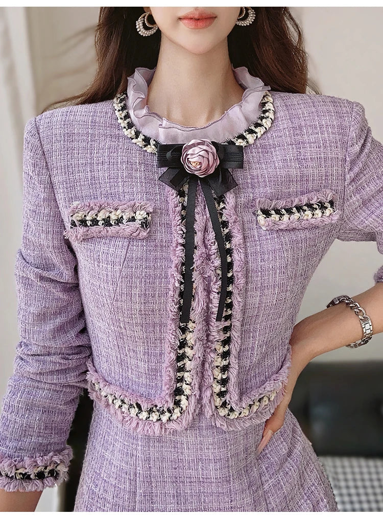 Elegant Purple Fungus Collar Slim Dress With Long Sleeves