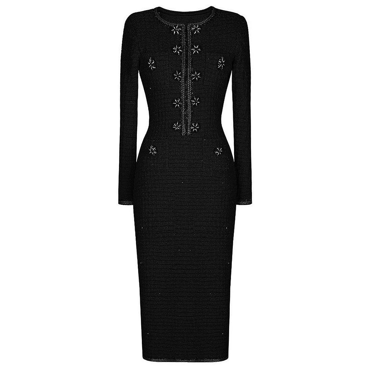 Luxury Double Breasted Crystal Bead Knit Evening Dress