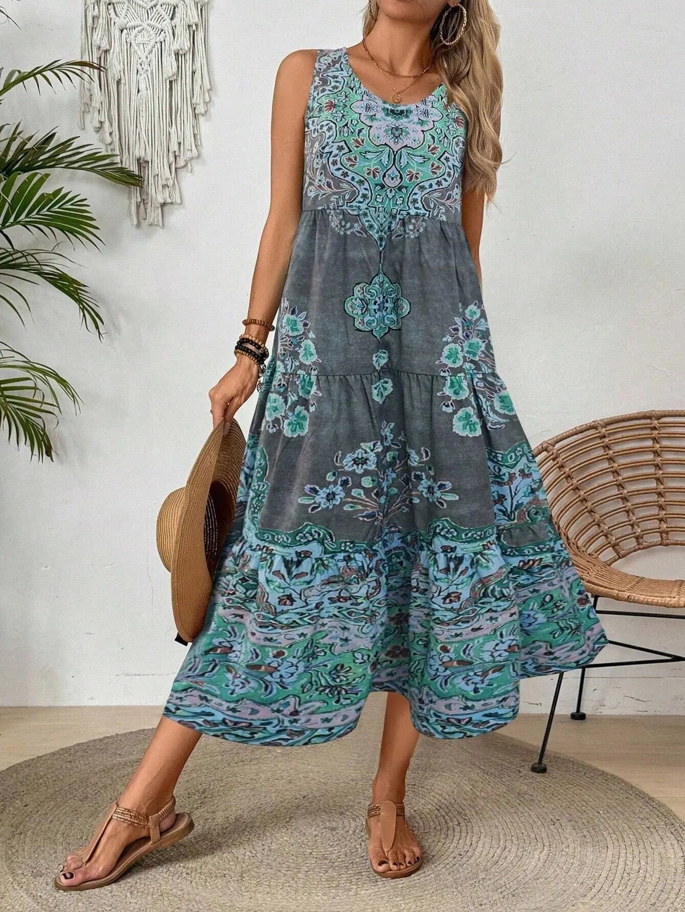 Women Vintage Print Sleeveless Dress - Loose A Line Comfort