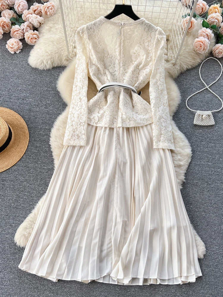 Elegant Lace Patchwork Belted Midi Dress For Party Wear