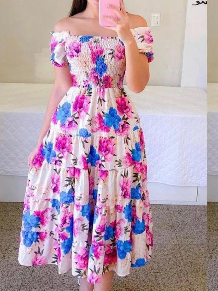 Summer Floral Off Shoulder Dress - Loose Fit Beachwear