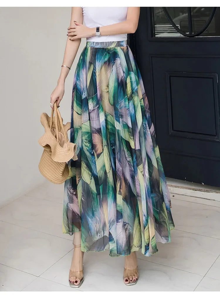 Elegant Pleated Chiffon Floral Beach Skirt for Women