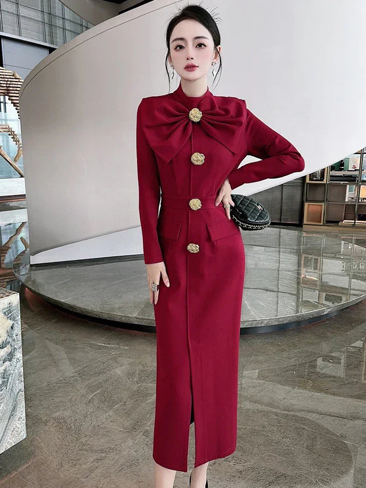 Autumn Runway Midi Dress Stand Neckline Long Sleeve XXL