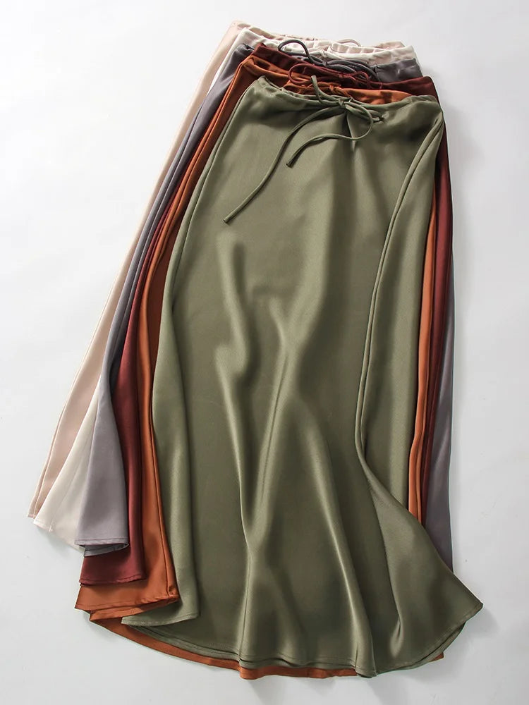 Spring Summer Straight Maxi Satin Silk Skirts