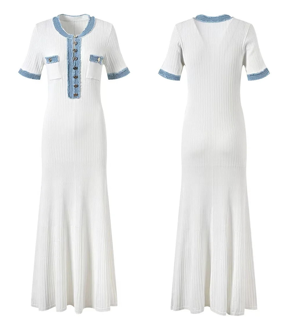 Chic Knit Maxi Dress With O Neck And Button Detailing
