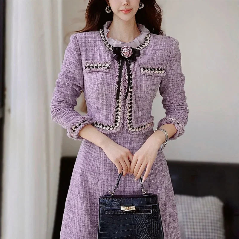 Elegant Purple Fungus Collar Slim Dress With Long Sleeves