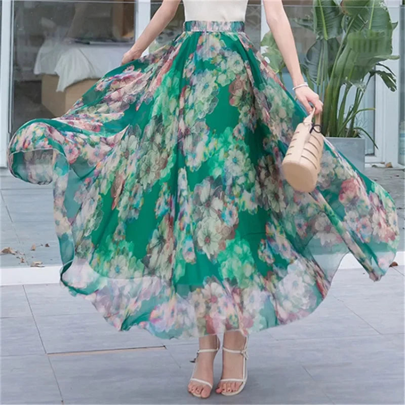 Elegant Pleated Chiffon Floral Beach Skirt for Women