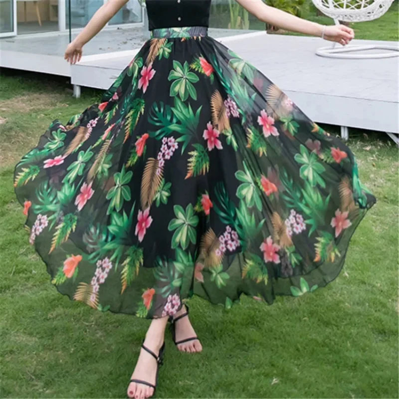 Elegant Pleated Chiffon Floral Beach Skirt for Women