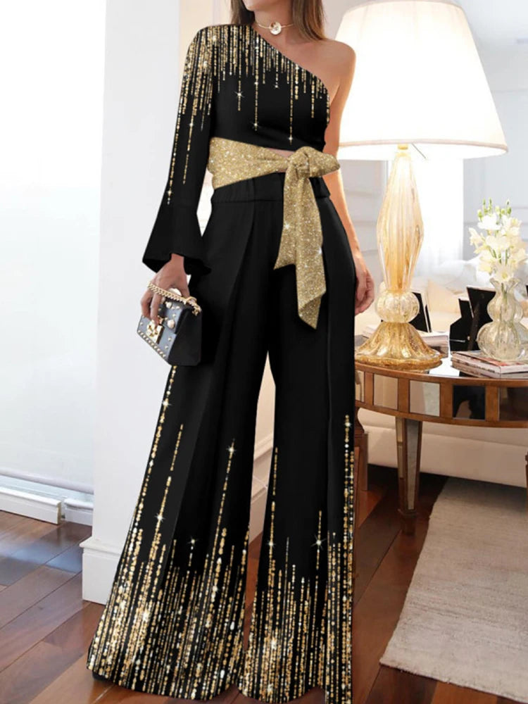 Women's Glitter Wide Leg Elegant One Piece Formal Jumpsuit
