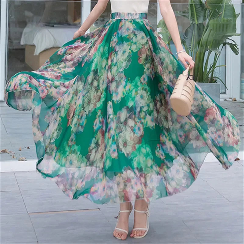 Elegant Pleated Chiffon Floral Beach Skirt for Women