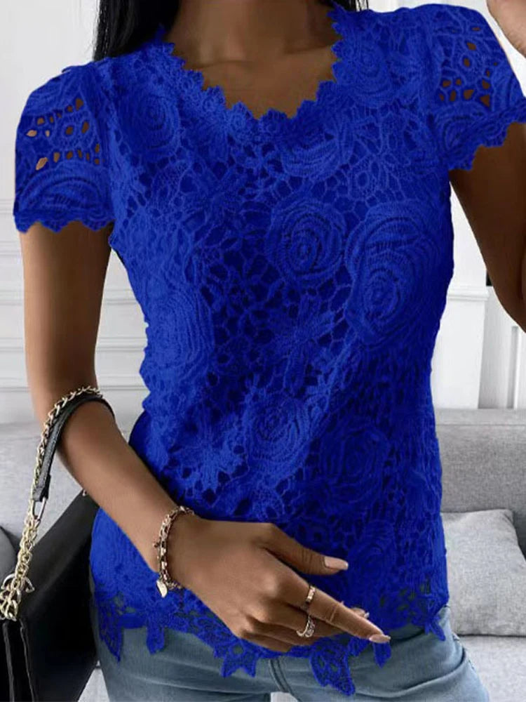 Lace V-Neck Blouse – Short Sleeve Patchwork Summer Top