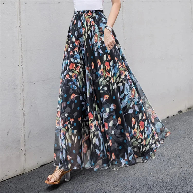 Elegant Pleated Chiffon Floral Beach Skirt for Women