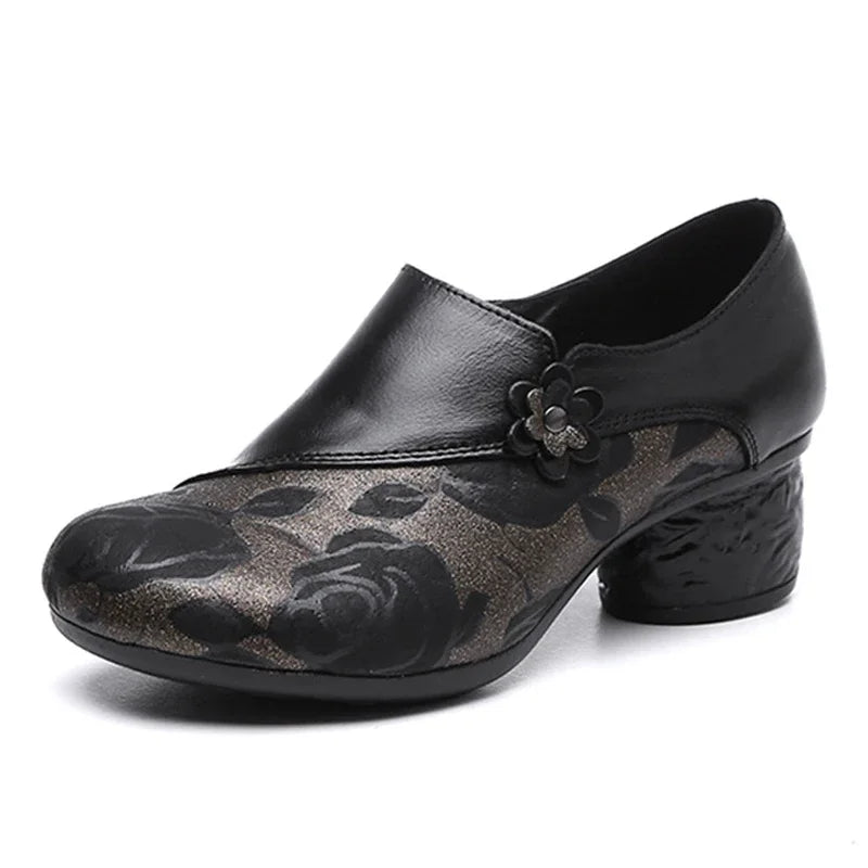 Floral Print Chunky Heel Pumps – Genuine Leather Round Toe Shoes