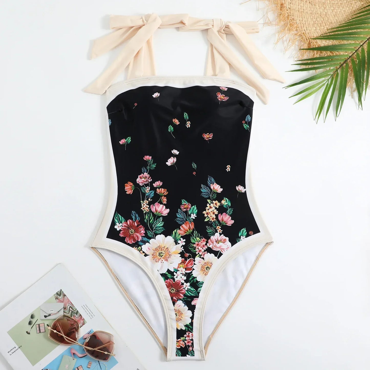 Black & Floral Elegant One-Piece Swimsuit with Skirt – Bowknot Brazilian Style