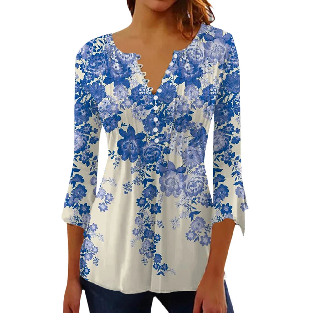 Women’s Floral V-Neck Summer Shirt – Casual Streetwear Top