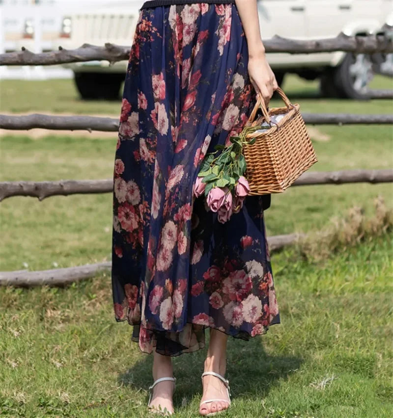Elegant Pleated Chiffon Floral Beach Skirt for Women