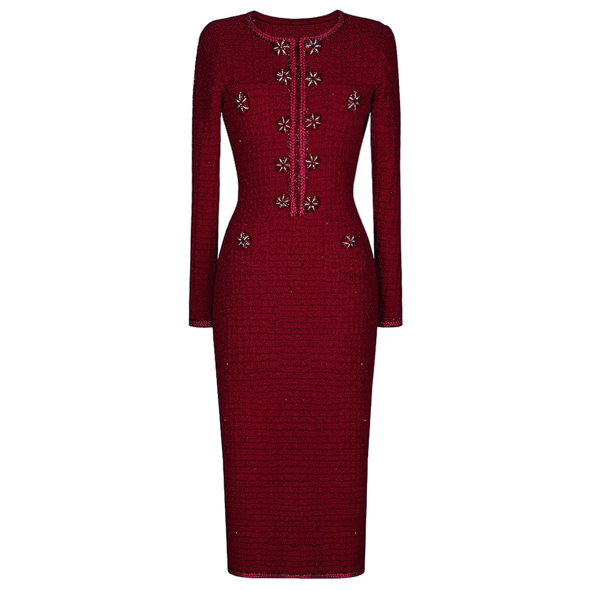 Luxury Double Breasted Crystal Bead Knit Evening Dress