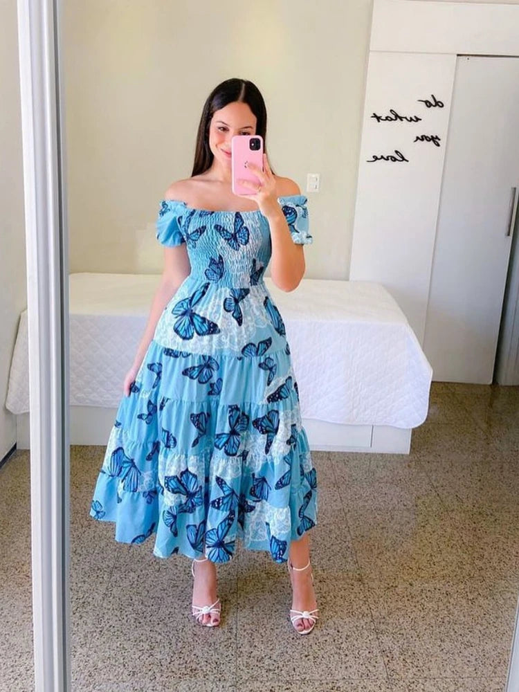 Summer Floral Off Shoulder Dress - Loose Fit Beachwear