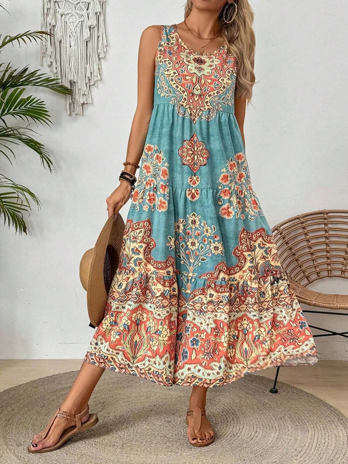 Women Vintage Print Sleeveless Dress - Loose A Line Comfort