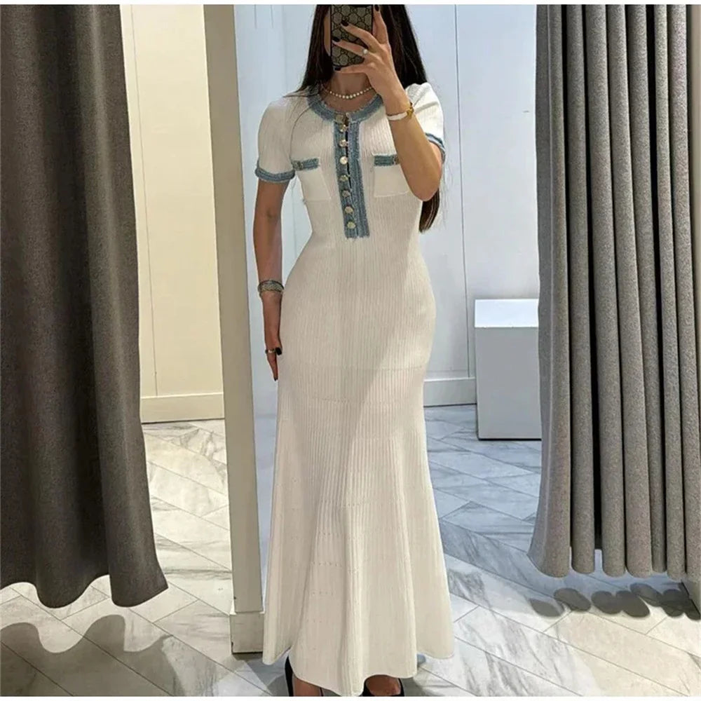 Chic Knit Maxi Dress With O Neck And Button Detailing