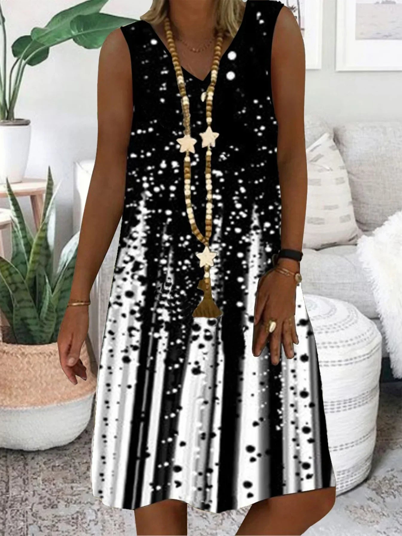 Women's Sleeveless V-Neck Dress Plant Print - Beachwear