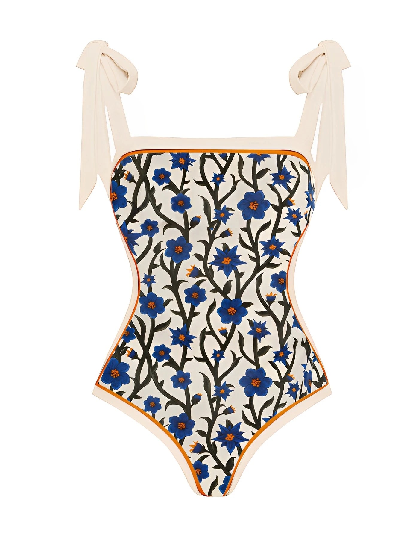 One-Piece Blue Flower Vine Swimsuit & Sarong Beachwear Set