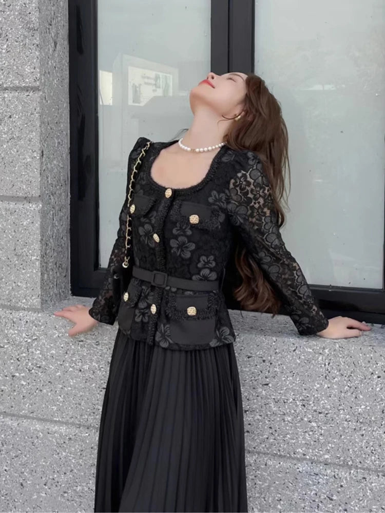 Elegant Lace Patchwork Belted Midi Dress For Party Wear