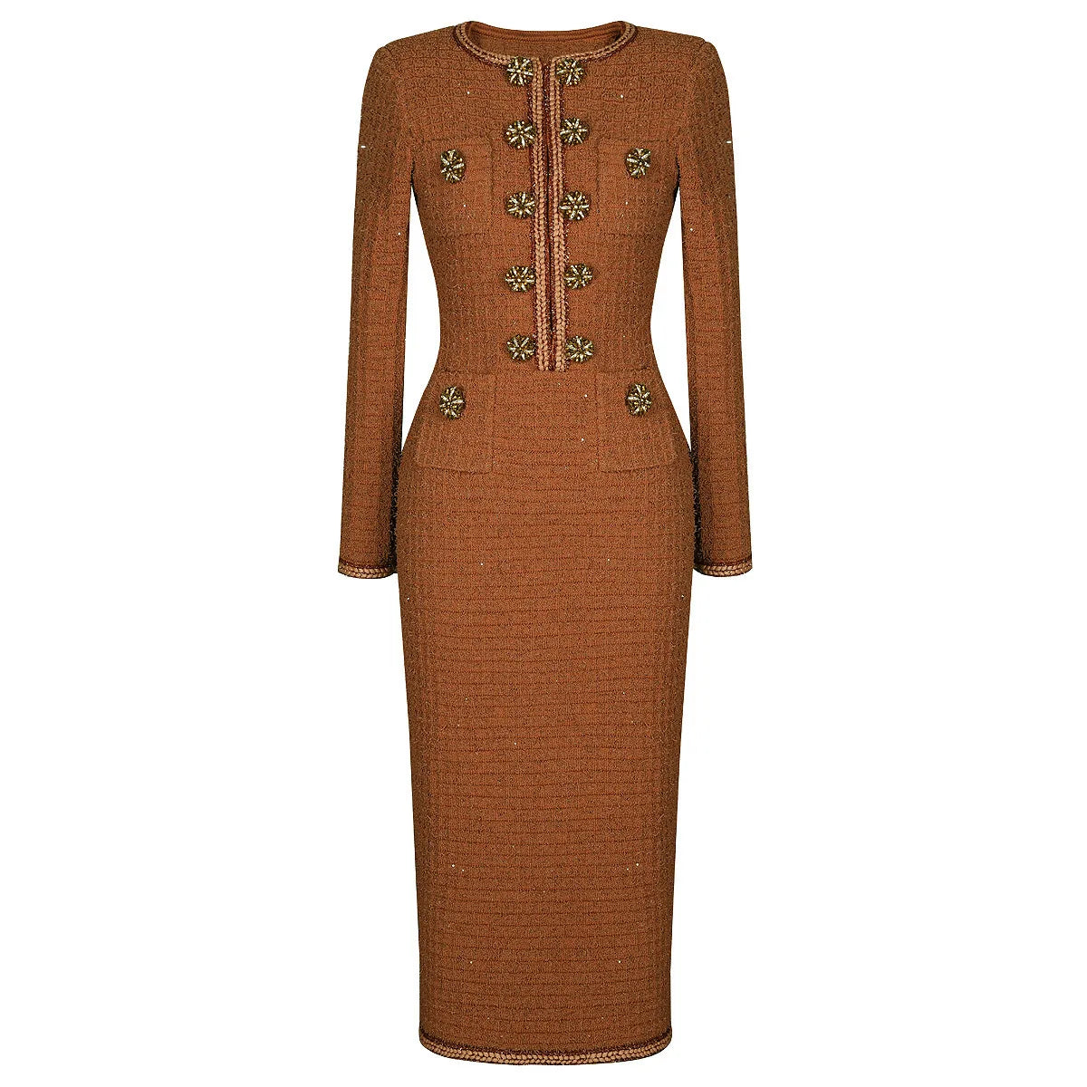 Luxury Double Breasted Crystal Bead Knit Evening Dress
