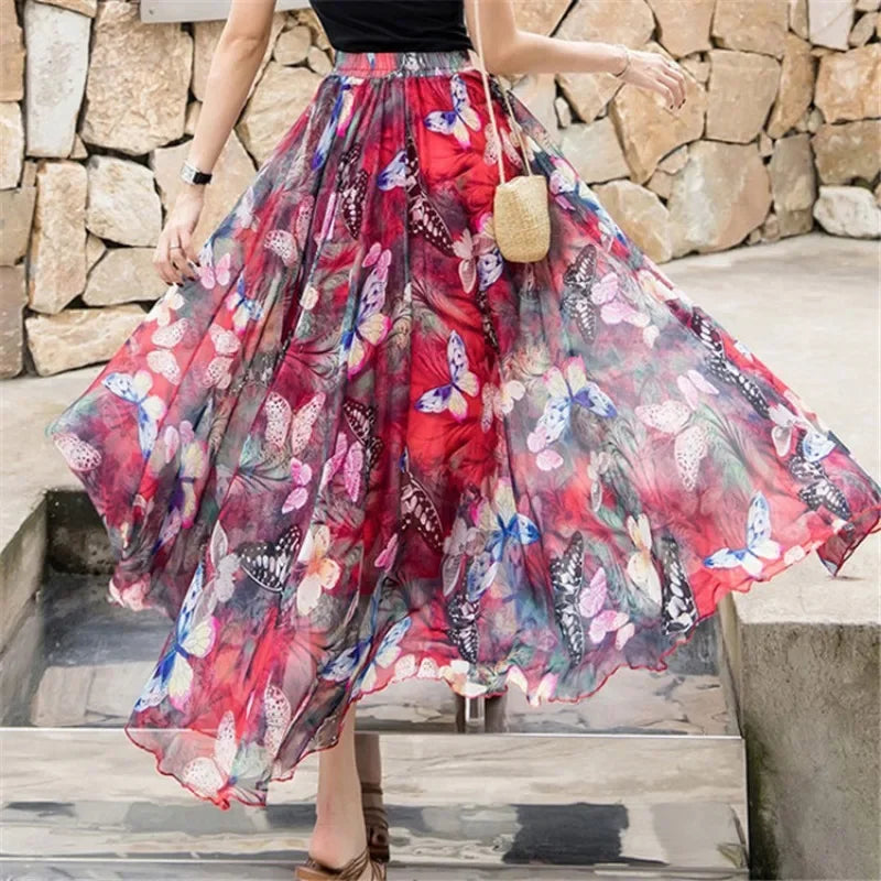 Elegant Pleated Chiffon Floral Beach Skirt for Women