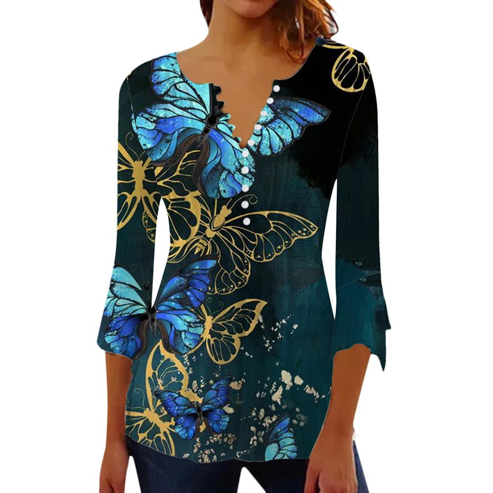 Butterfly Graphic V-Neck Tee – Short Sleeve Women’s Pullover