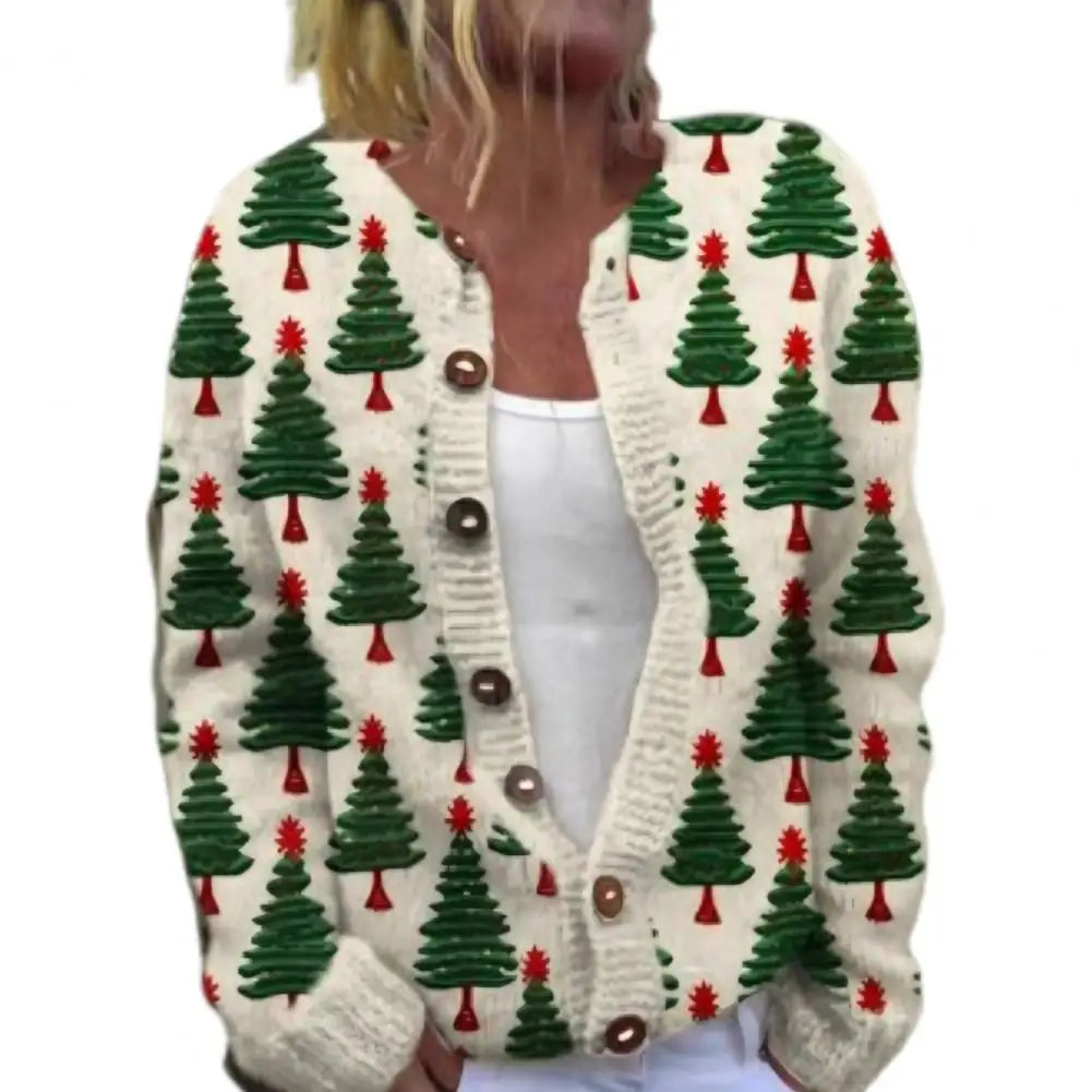 Cardigan Coat Round Neck Festive 3D Christmas Print Jacket