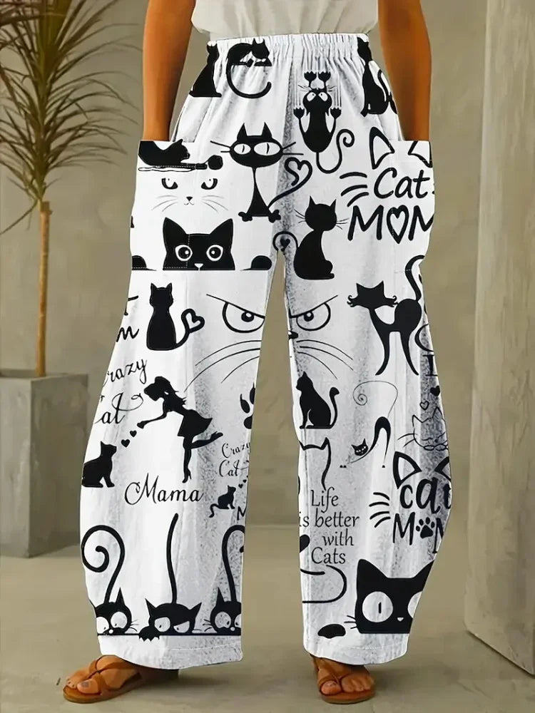 Women's Loose Bloomers Cartoon Cat Print Polyester Pants